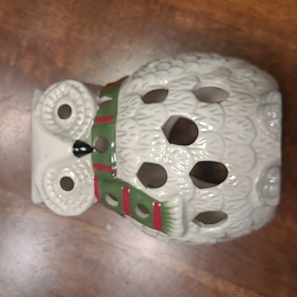 Owl Tea Light Candle Holder White With Grey Accents With Scarf